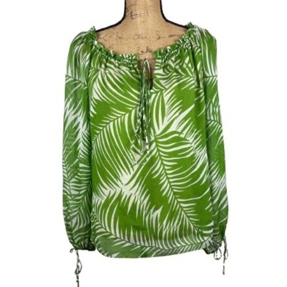 Milly of New York Long Sleeve Silk Blouse Green Tropical Botanical‎ Print Size 2